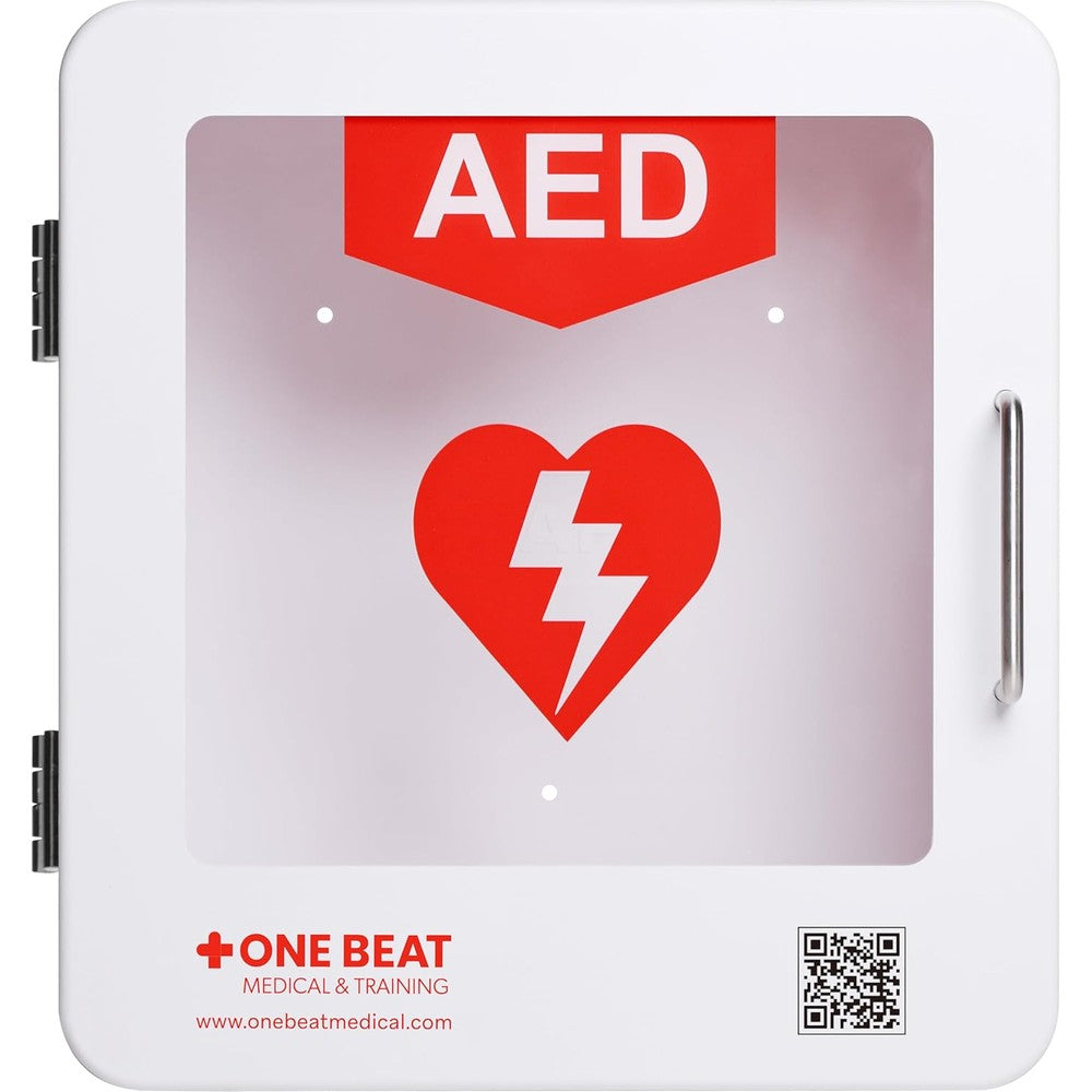One Beat Medical Universal Premium AED Cabinet front view showing white steel construction and clear window