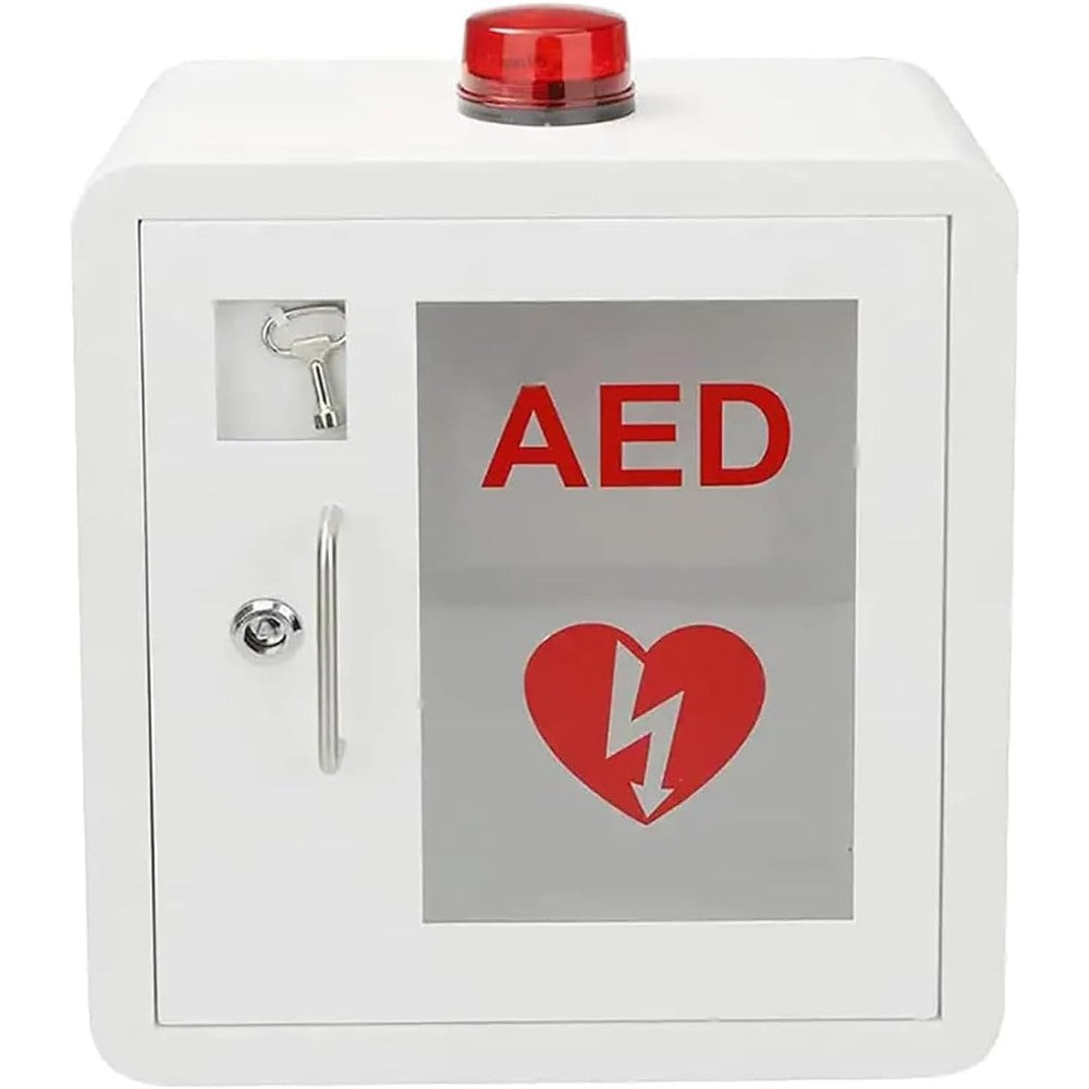 ZJDYDY AED Wall Mounted Storage Cabinet front view showing white steel body and red lettering.