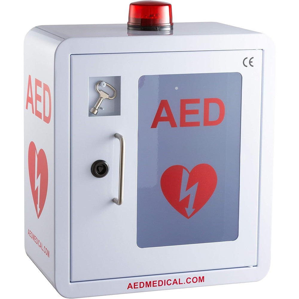 Pans Pro Stainless Steel AED Cabinet front view showing transparent window and strobe light.