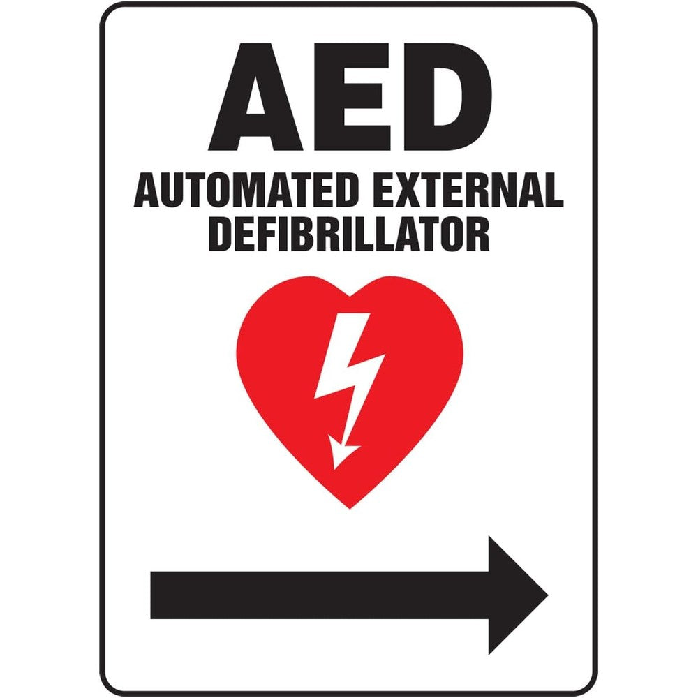 Accuform AED Automated External Defibrillator plastic sign with right arrow front view for safety identification.