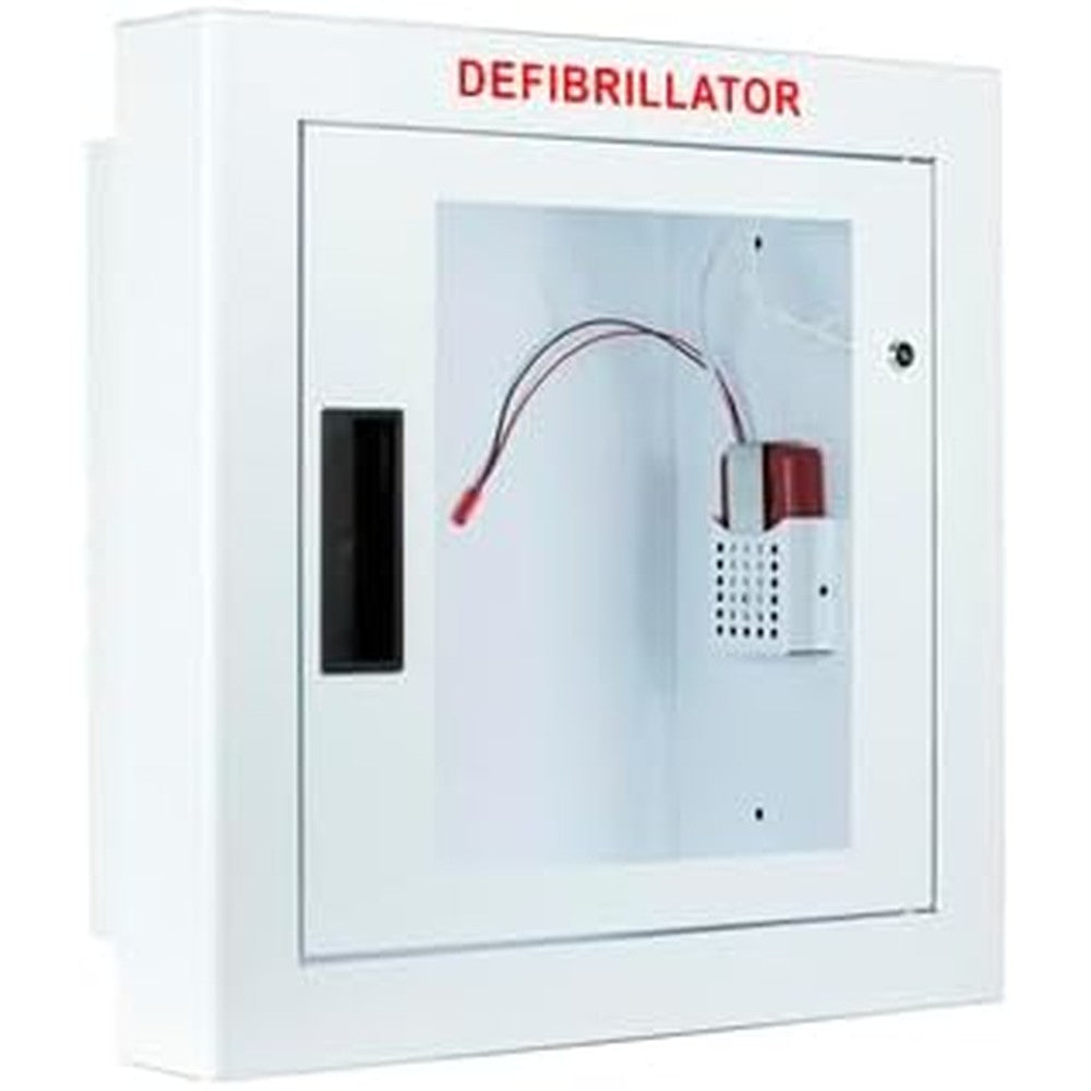 Cubix Safety semi-recessed alarmed AED cabinet front view for emergency defibrillator storage.