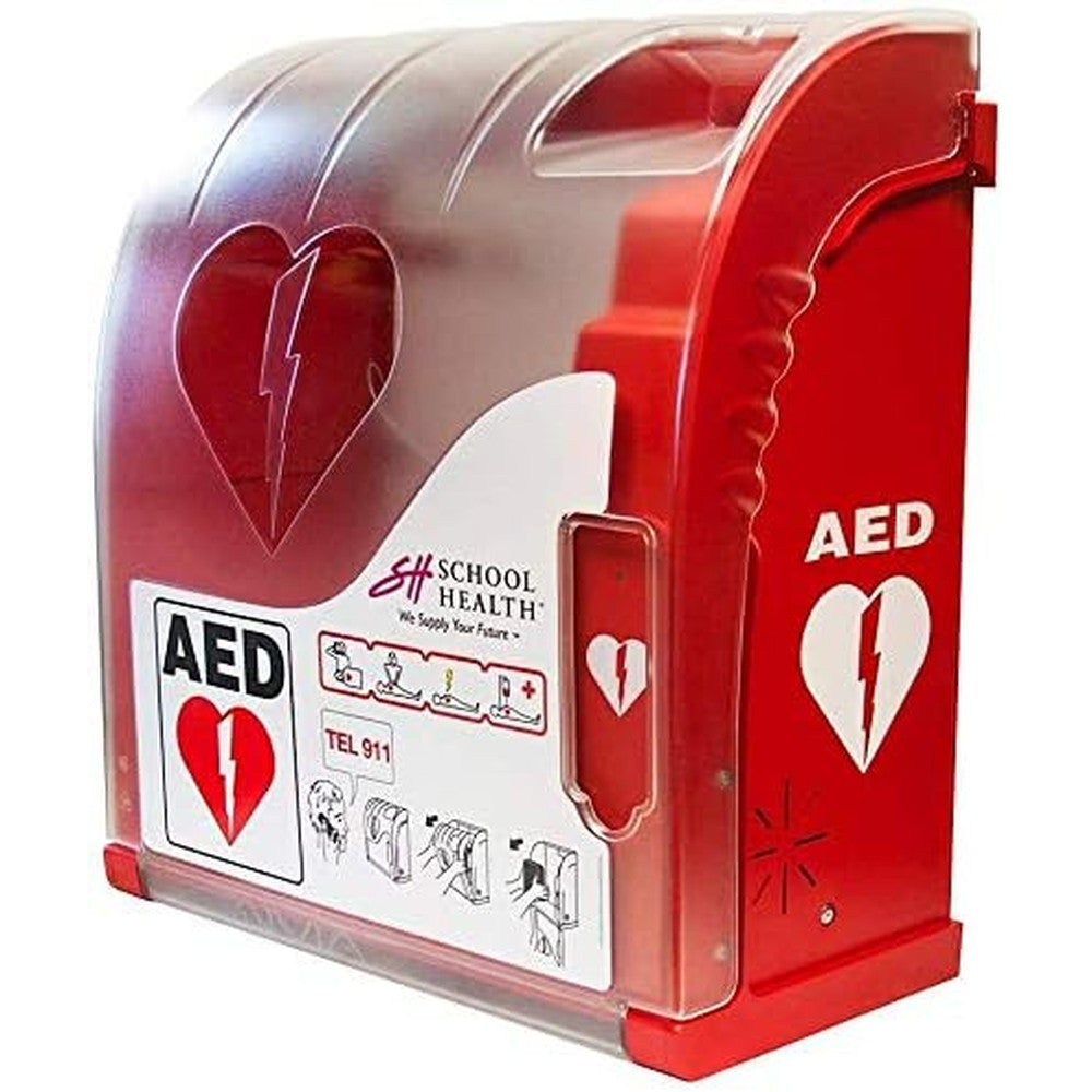 BYM School Health outdoor AED cabinet front view with red base and clear cover.