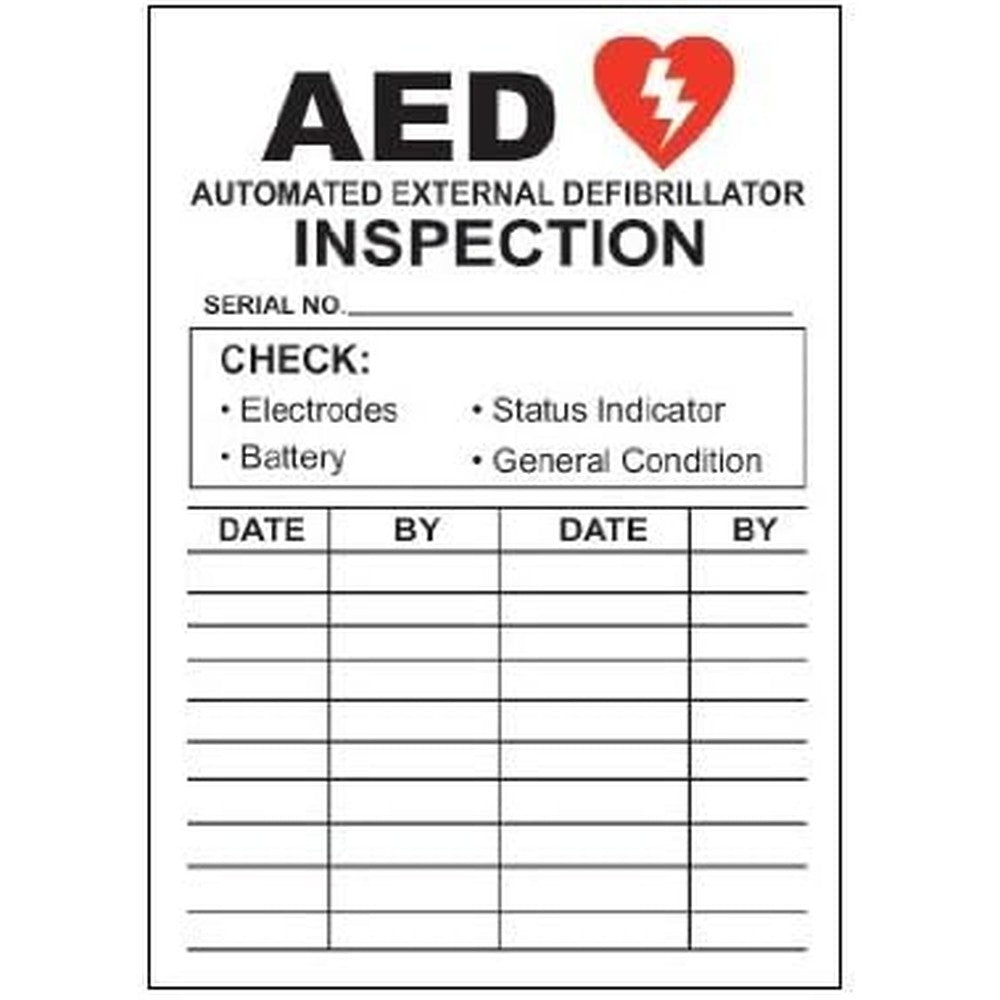 Buildingsigns.com AED Automated External Defibrillator Inspection Decal Sticker front view maintenance record.