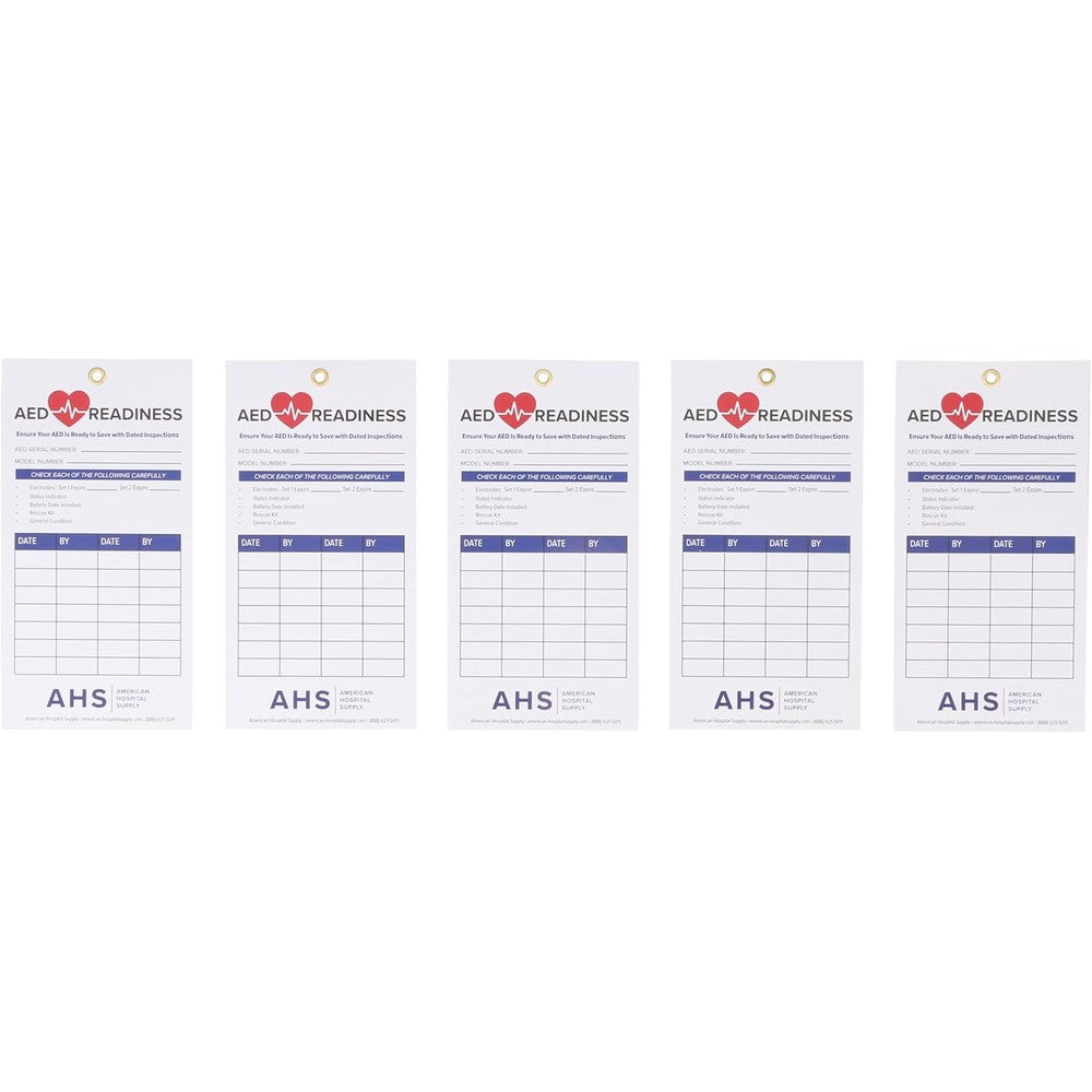 American Hospital Supply AED Readiness Cards front view for monthly maintenance checklist.