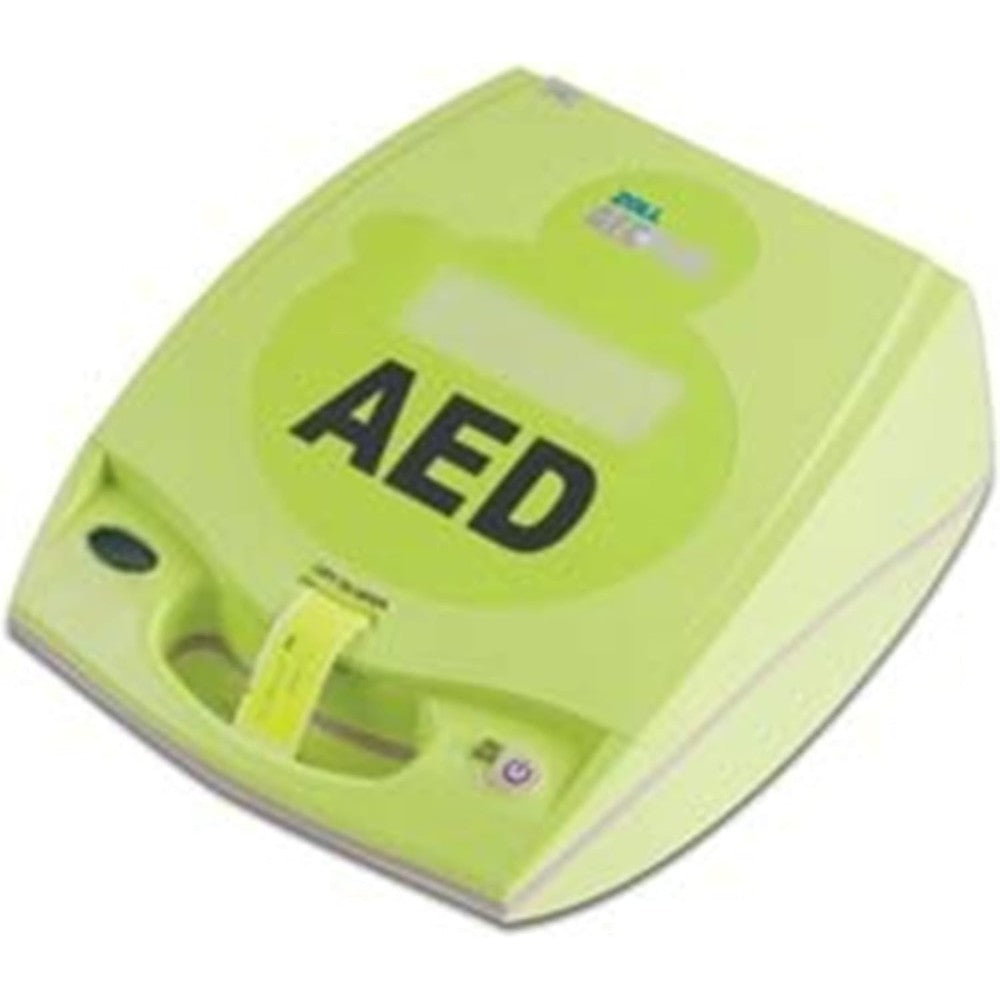 Zoll AED Plus front view showing green housing and CPR feedback screen