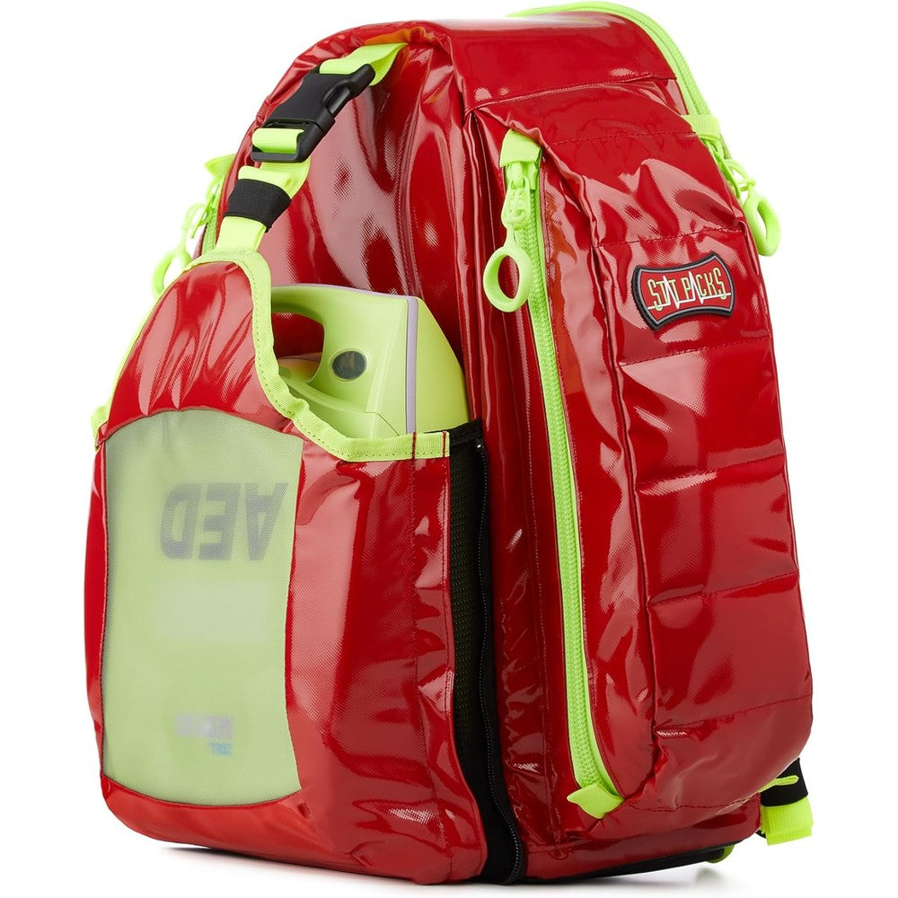 Statpacks G3+ QuickLook AED Red Backpack front view for emergency medical response.