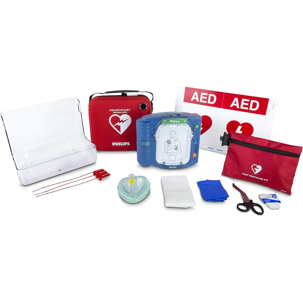 Philips HeartStart OnSite AED front view with emergency green handle.