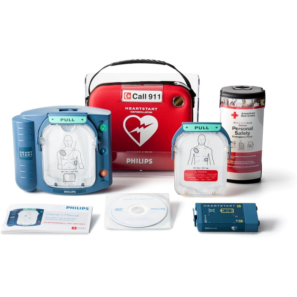 Philips HeartStart Home AED Defibrillator value package front view in red carry case