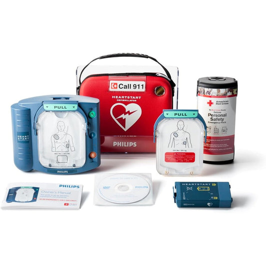 Philips HeartStart Home AED Defibrillator value package front view in red carry case