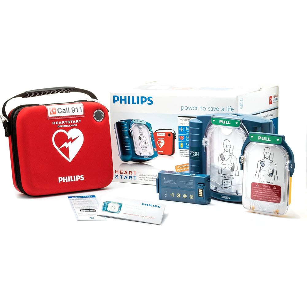 Philips HeartStart Home AED Defibrillator front view in red carrying case.