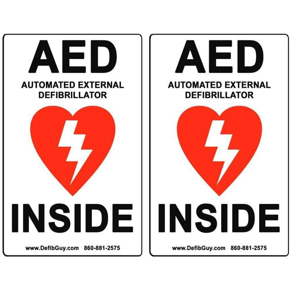 Defib Guy AED vinyl labels front view high visibility emergency signage.