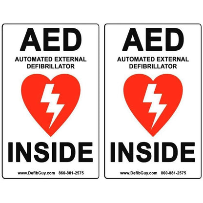 Defib Guy AED vinyl labels front view high visibility emergency signage.