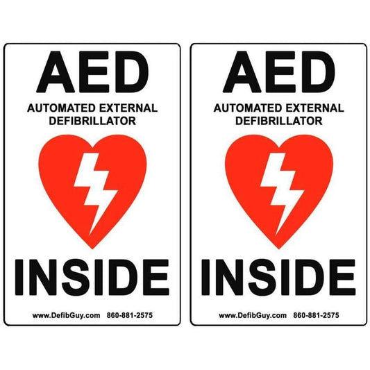 Defib Guy AED vinyl labels front view high visibility emergency signage.