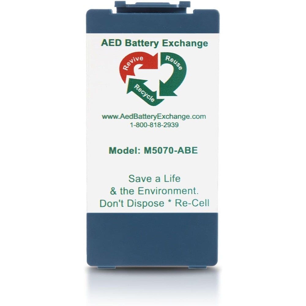 Vbegin M5070A Replacement Battery front view for Philips AED defibrillator maintenance.