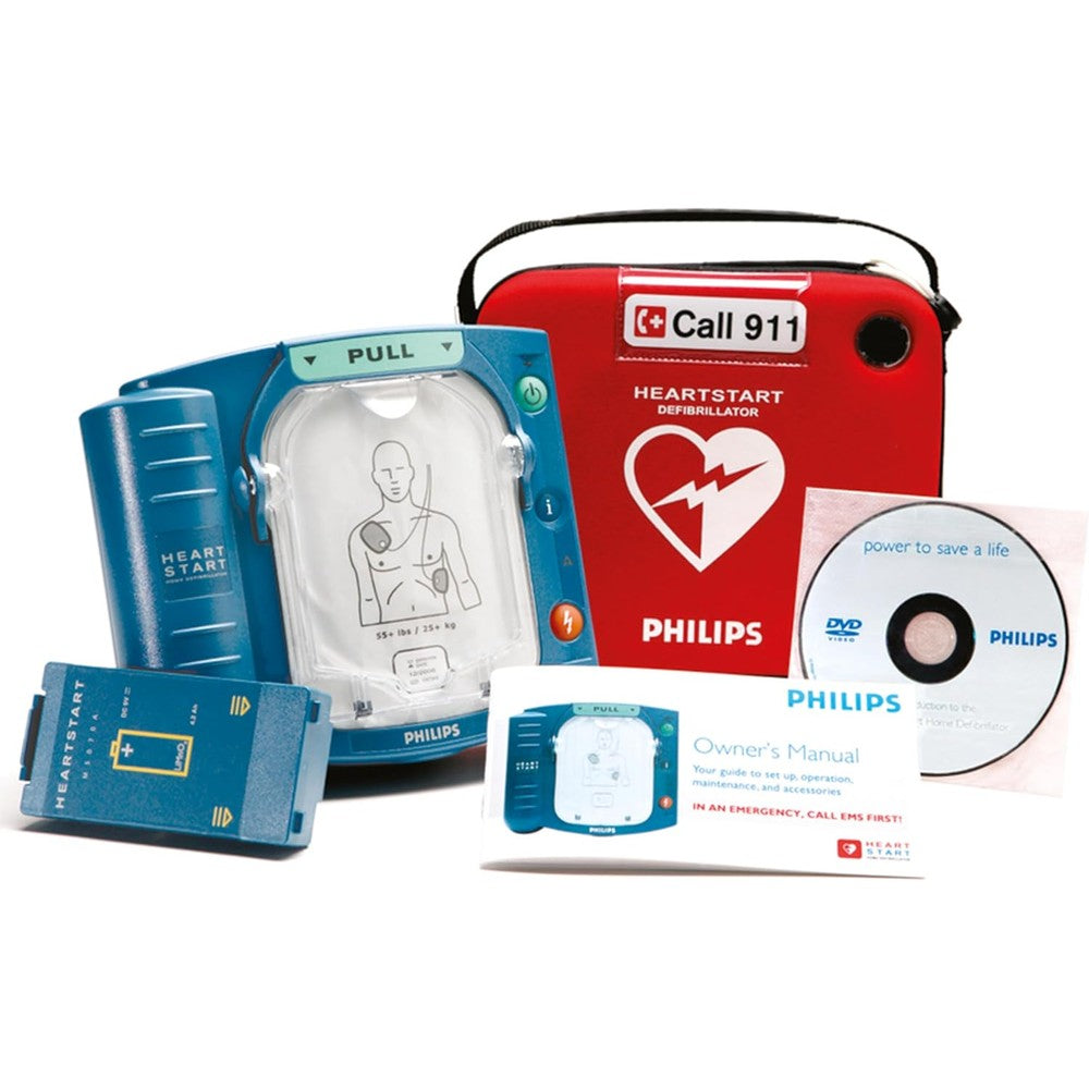Philips HeartStart Home AED Defibrillator front view with slim carry case.