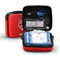 Philips HeartStart OnSite AED Defibrillator front view in red carry case for emergency medical response.