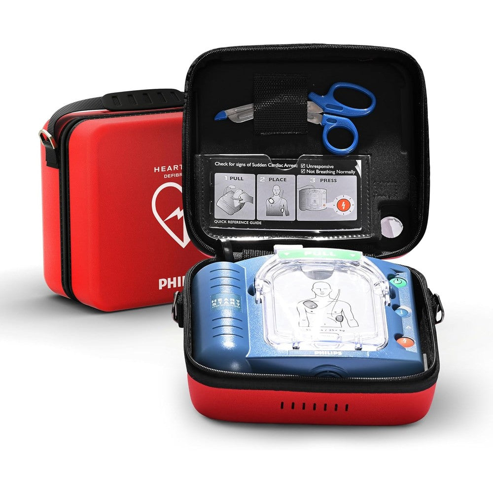 Philips HeartStart OnSite AED Defibrillator front view in red carry case for emergency medical response.