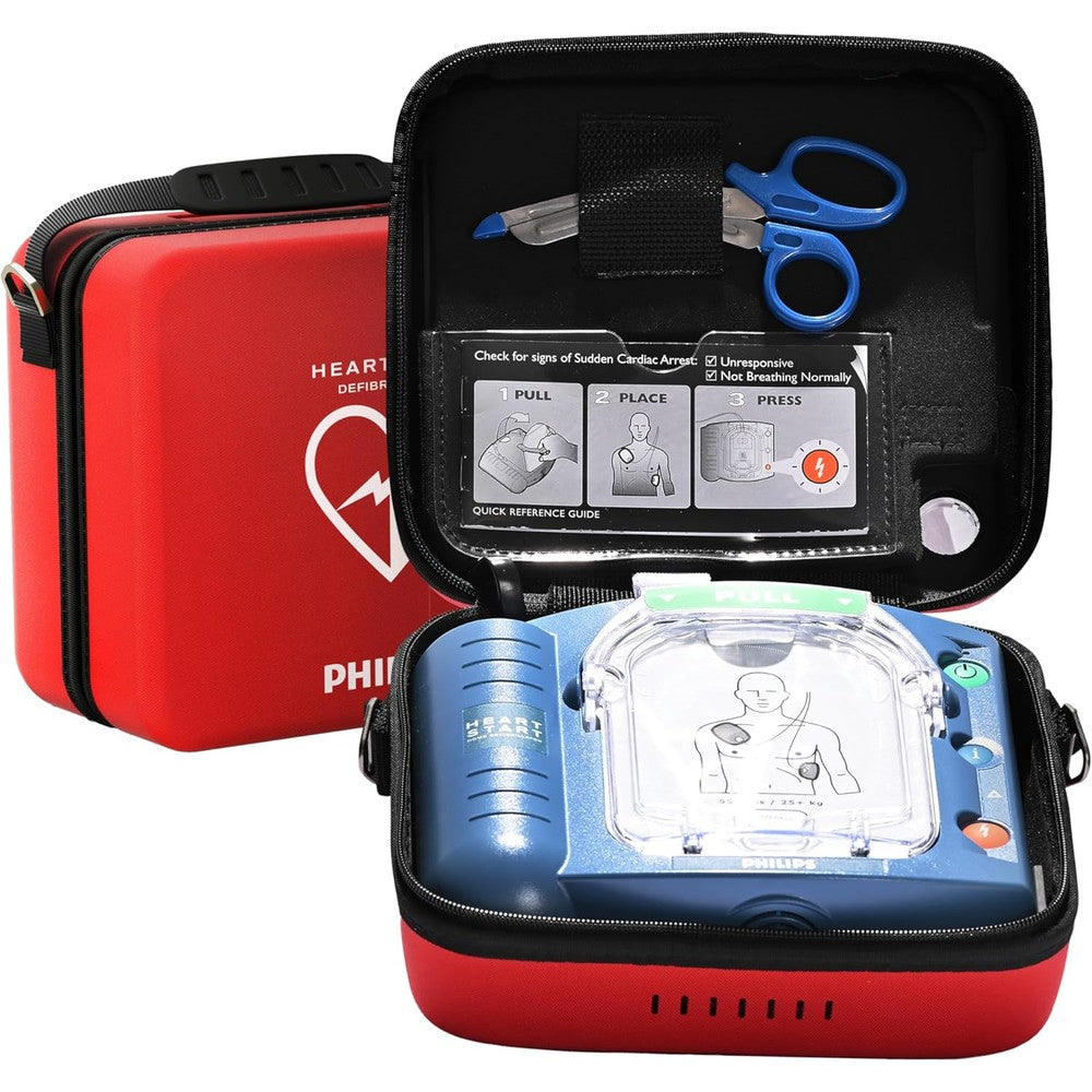 Philips HeartStart OnSite AED front view in red carrying case