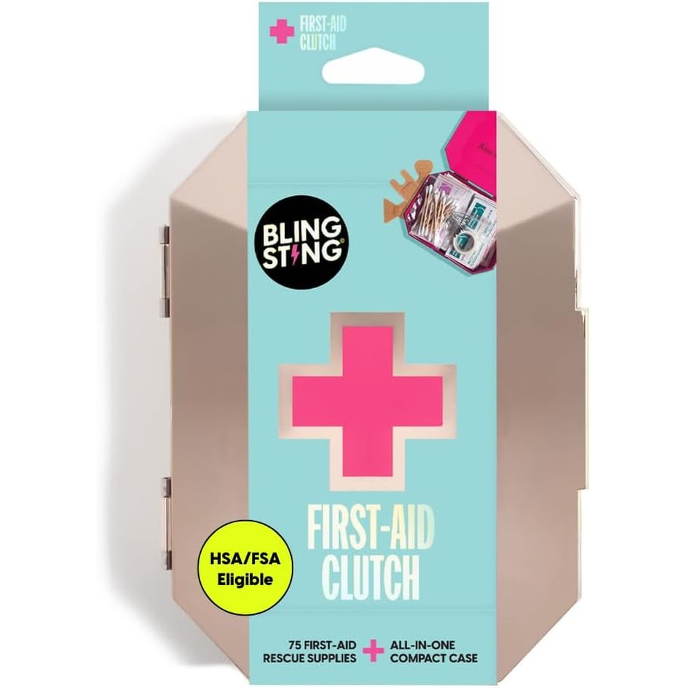 BlingSting First Aid Kit rose gold clutch front view with metallic finish.