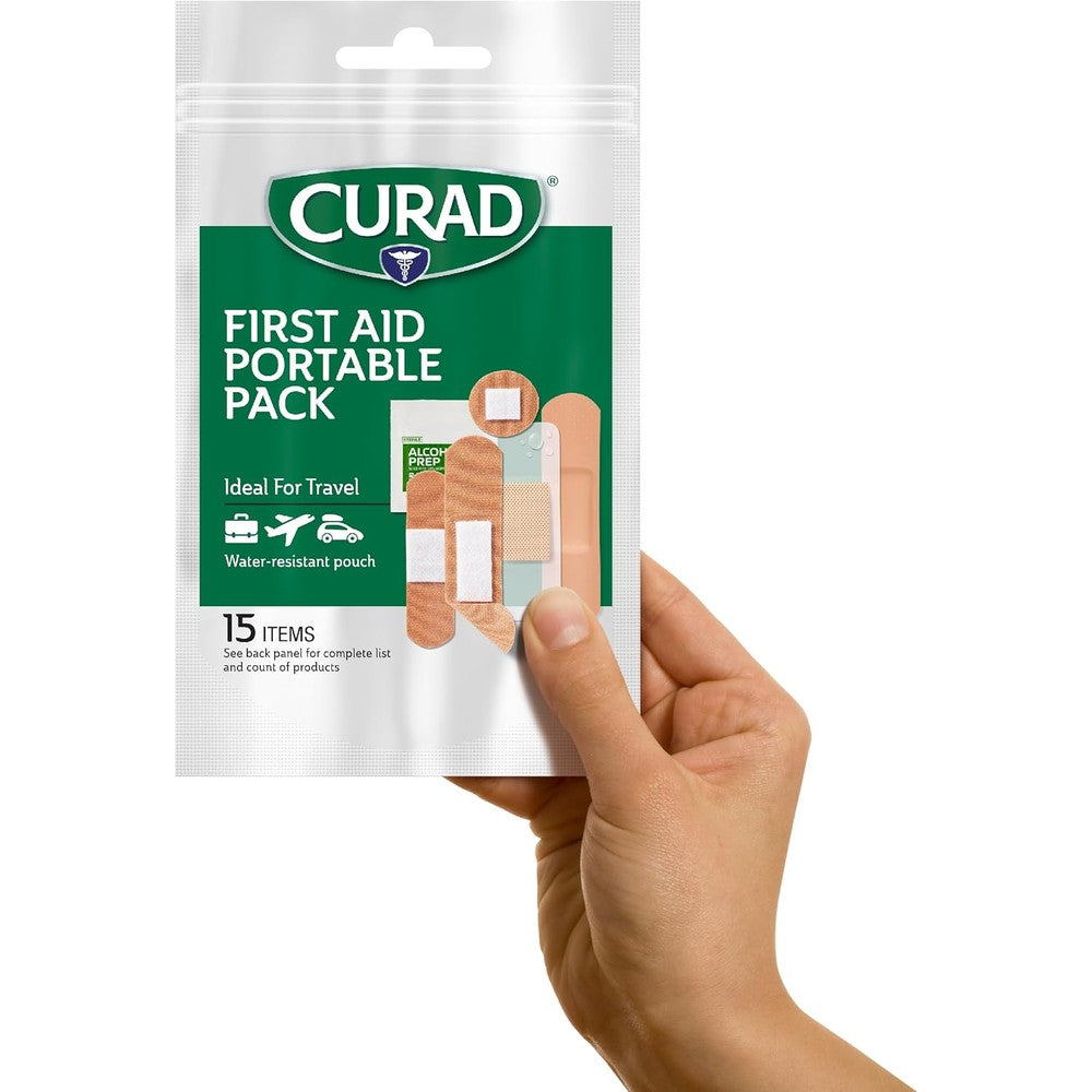 Curad First Aid Portable Pack front view of water resistant pouch for travel
