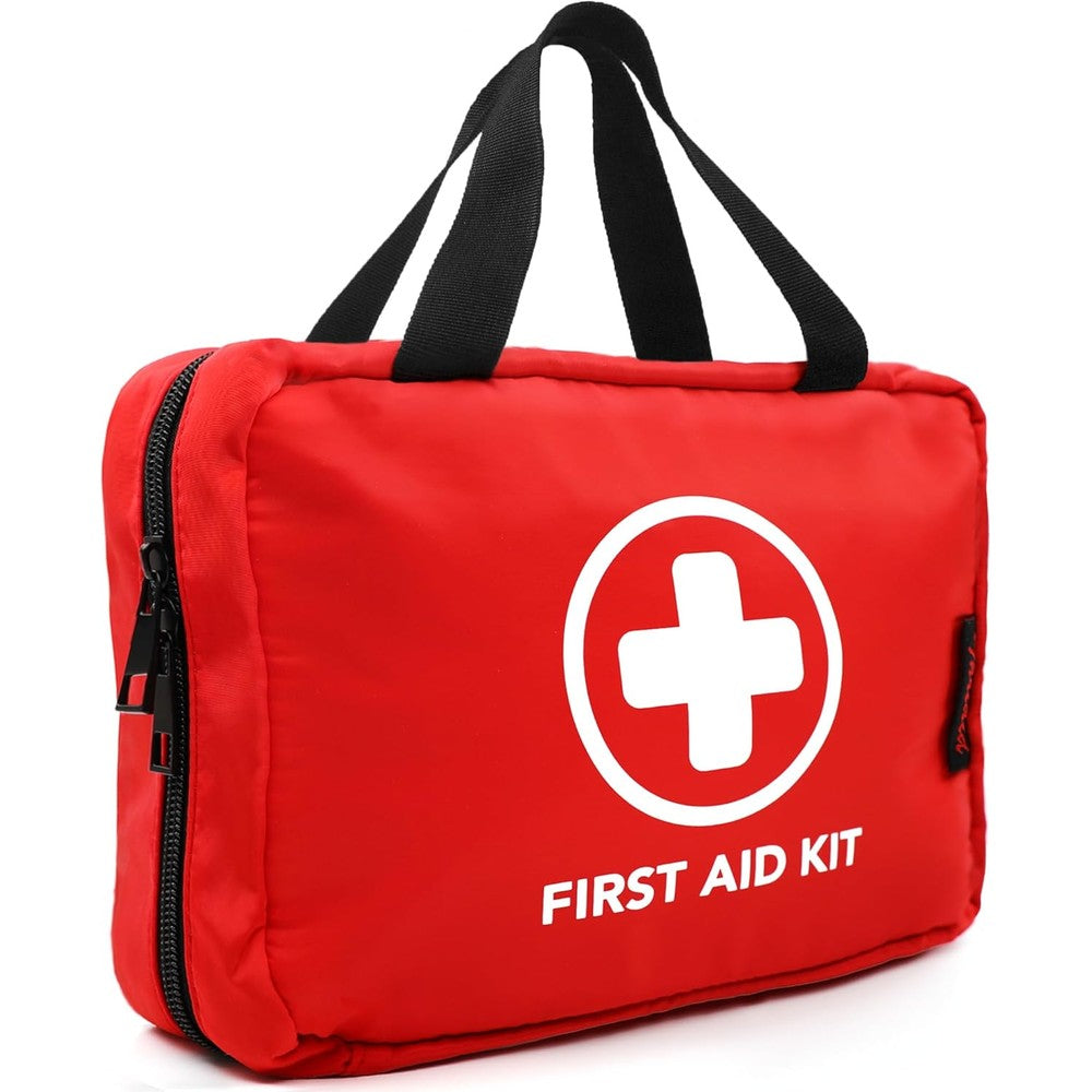 Thriaid 330 Piece First Aid Kit front view of red waterproof bag for emergency medical supplies.