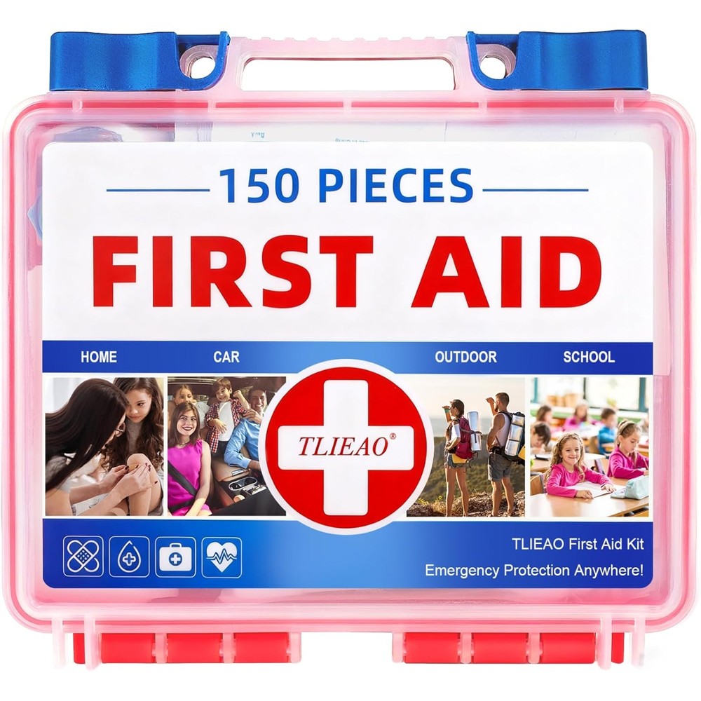 TLIEAO Mini First Aid Kit front view showing 150 pieces of medical supplies.