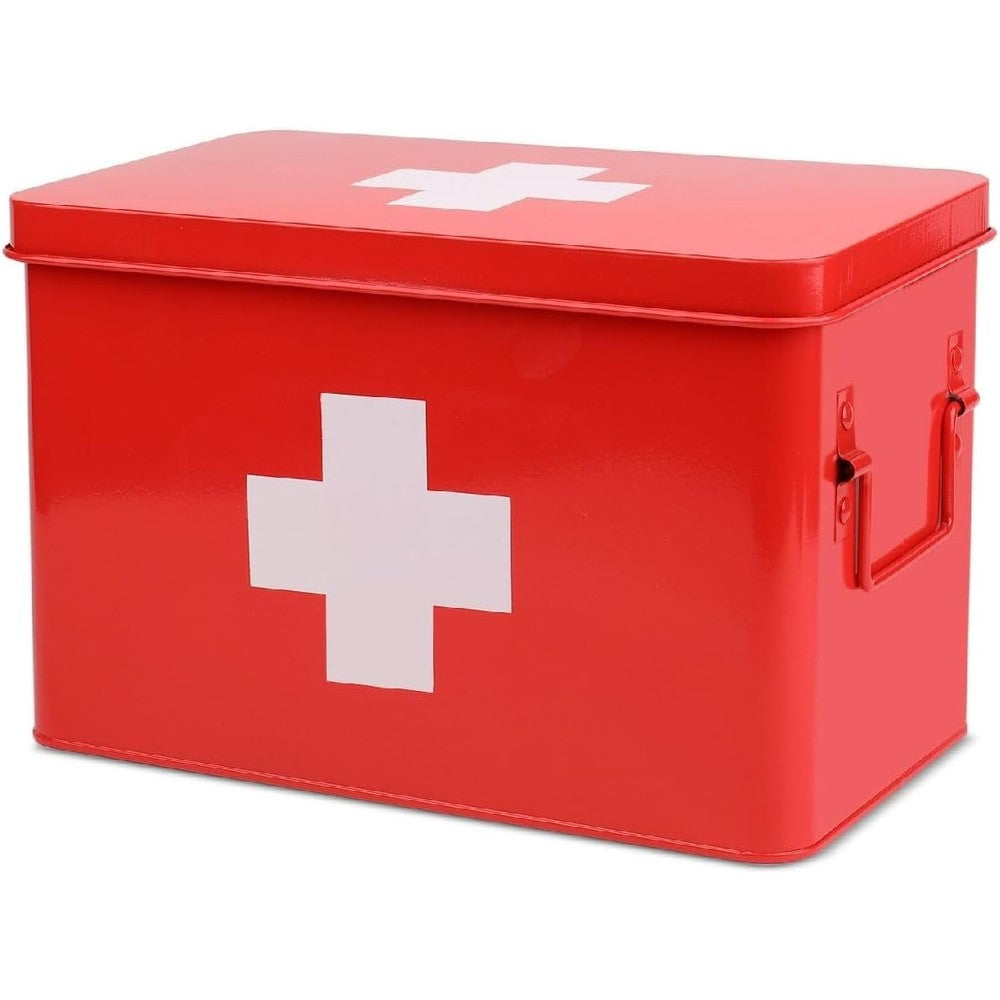 Flexzion First Aid Box front view red metal vintage medical organizer.
