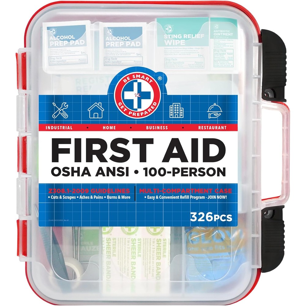 Be Smart Get Prepared 326 Piece First Aid Kit front view in red hard case for emergency preparedness.