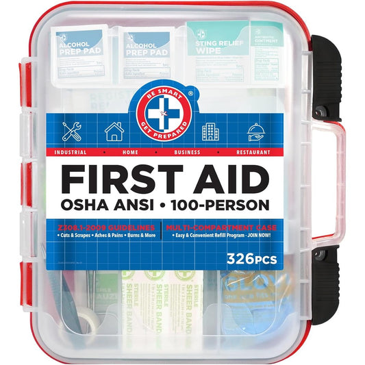 Be Smart Get Prepared 326 Piece First Aid Kit front view in red hard case for emergency preparedness.