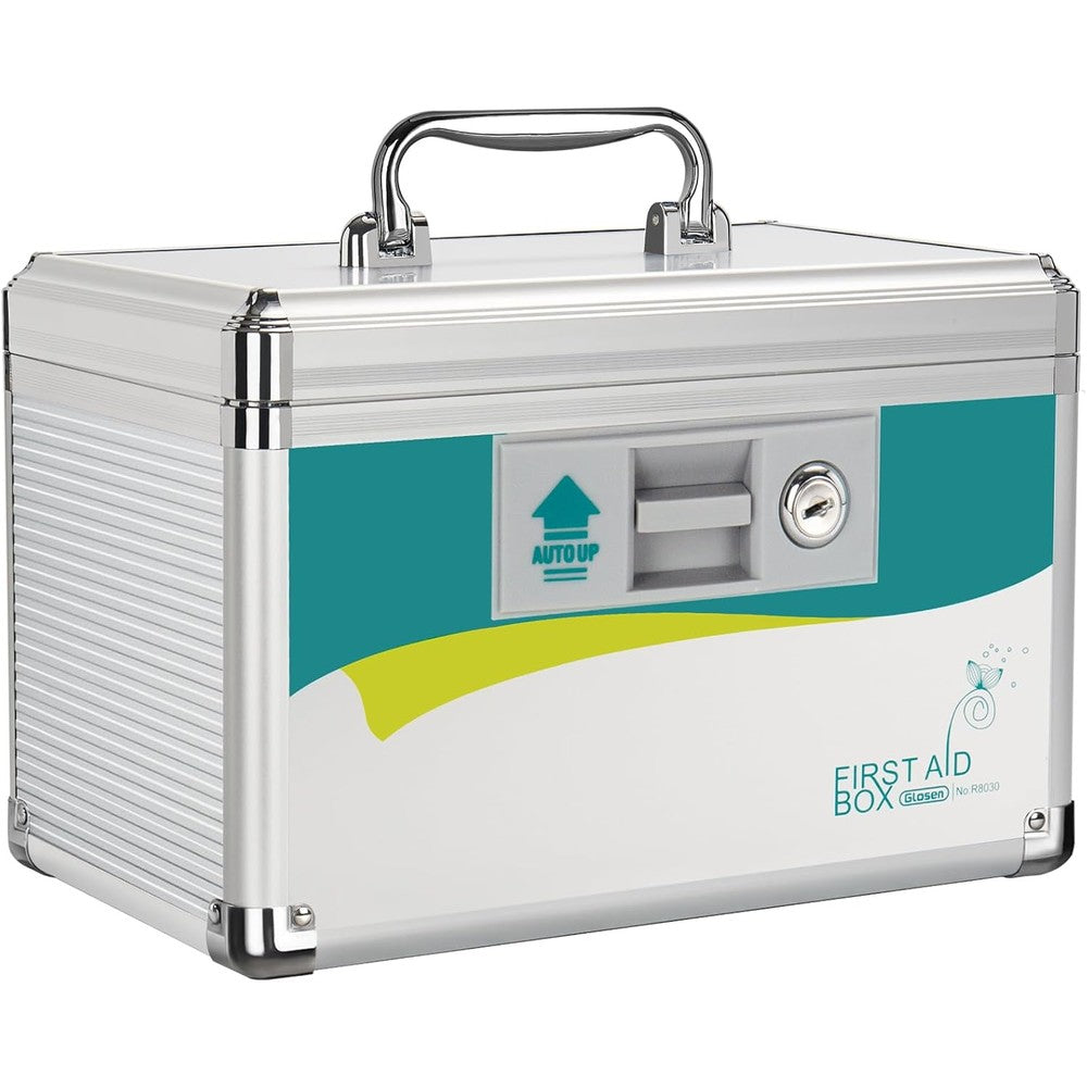 Glosen Medicine Lock Box front view showing secure key lock and aluminum frame.