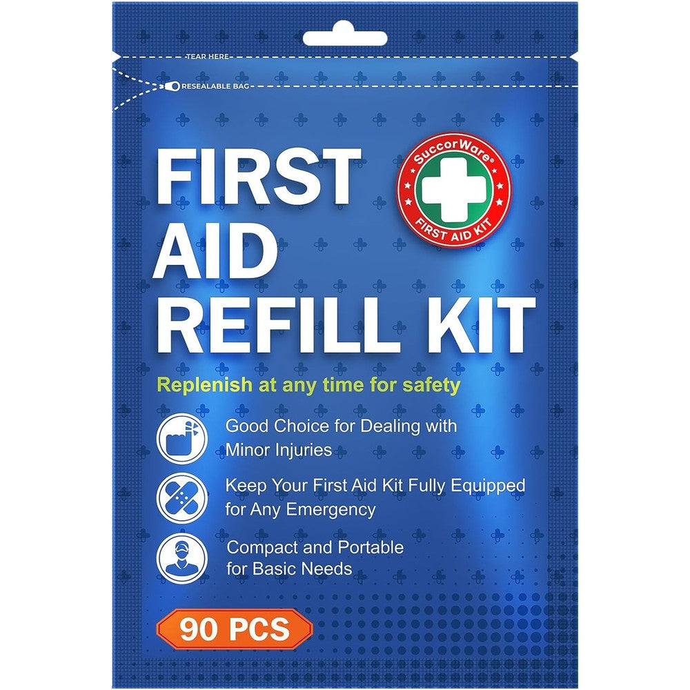 SuccorWare 90 Pieces First Aid Refill Kit front view showing medical contents.