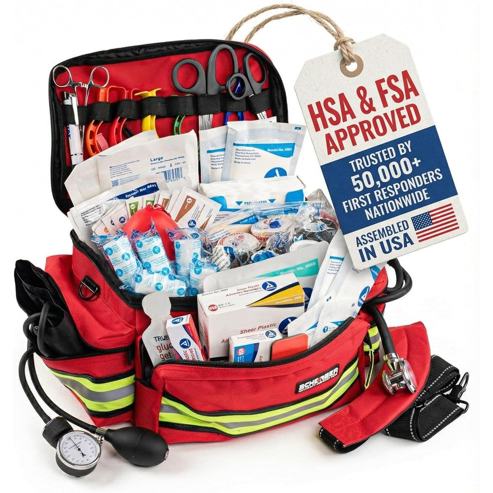 Scherber First Responder Trauma Kit front view showing red reflective bag and professional logo.