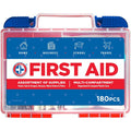 Be Smart Get Prepared 180 Piece First Aid Kit front view in red plastic case