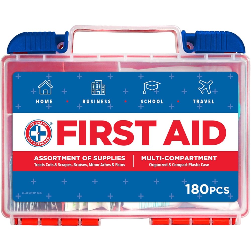 Be Smart Get Prepared 180 Piece First Aid Kit front view in red plastic case