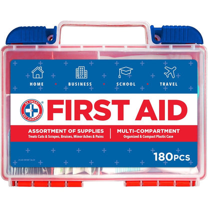 Be Smart Get Prepared 180 Piece First Aid Kit front view in red plastic case
