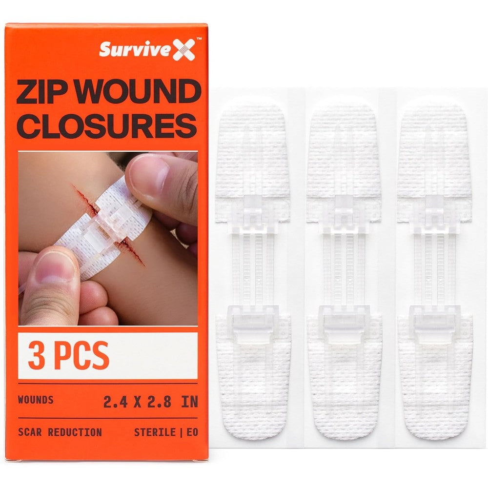 SurviveX Zip Stitch Wound Closure Strips front view showing 3 sterile pieces.