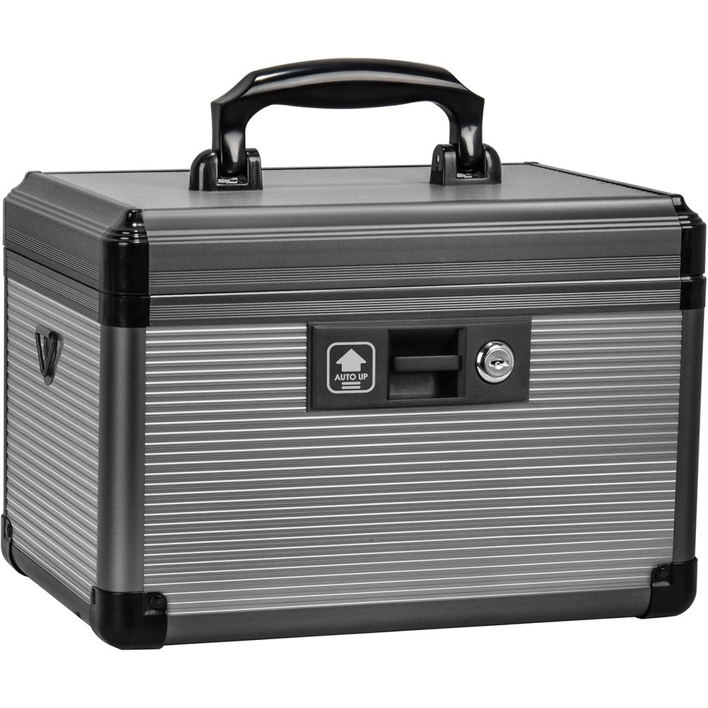 Lockbako aluminum medicine lock box front view for secure home medication storage.