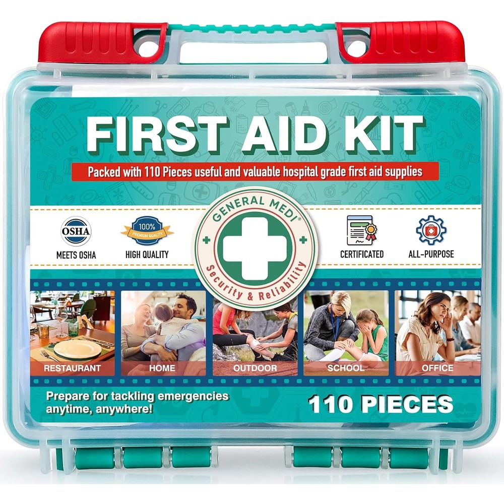 General Medi 110 Pieces Small First Aid Kit front view of red hardcase box