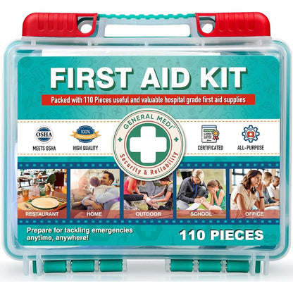 General Medi 110 Pieces Small First Aid Kit front view of red hardcase box