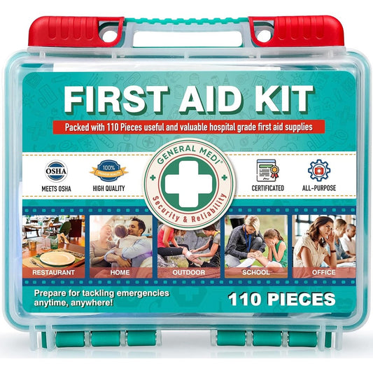 General Medi 110 Pieces Small First Aid Kit front view of red hardcase box