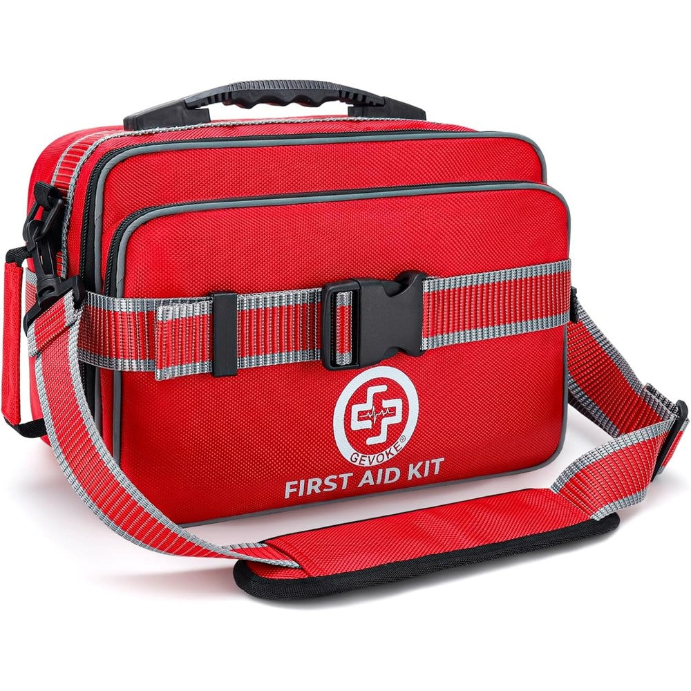 Gevoke Professional 500 Piece First Aid Kit front view in red waterproof bag.