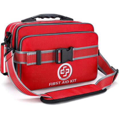 Gevoke Professional 500 Piece First Aid Kit front view in red waterproof bag.
