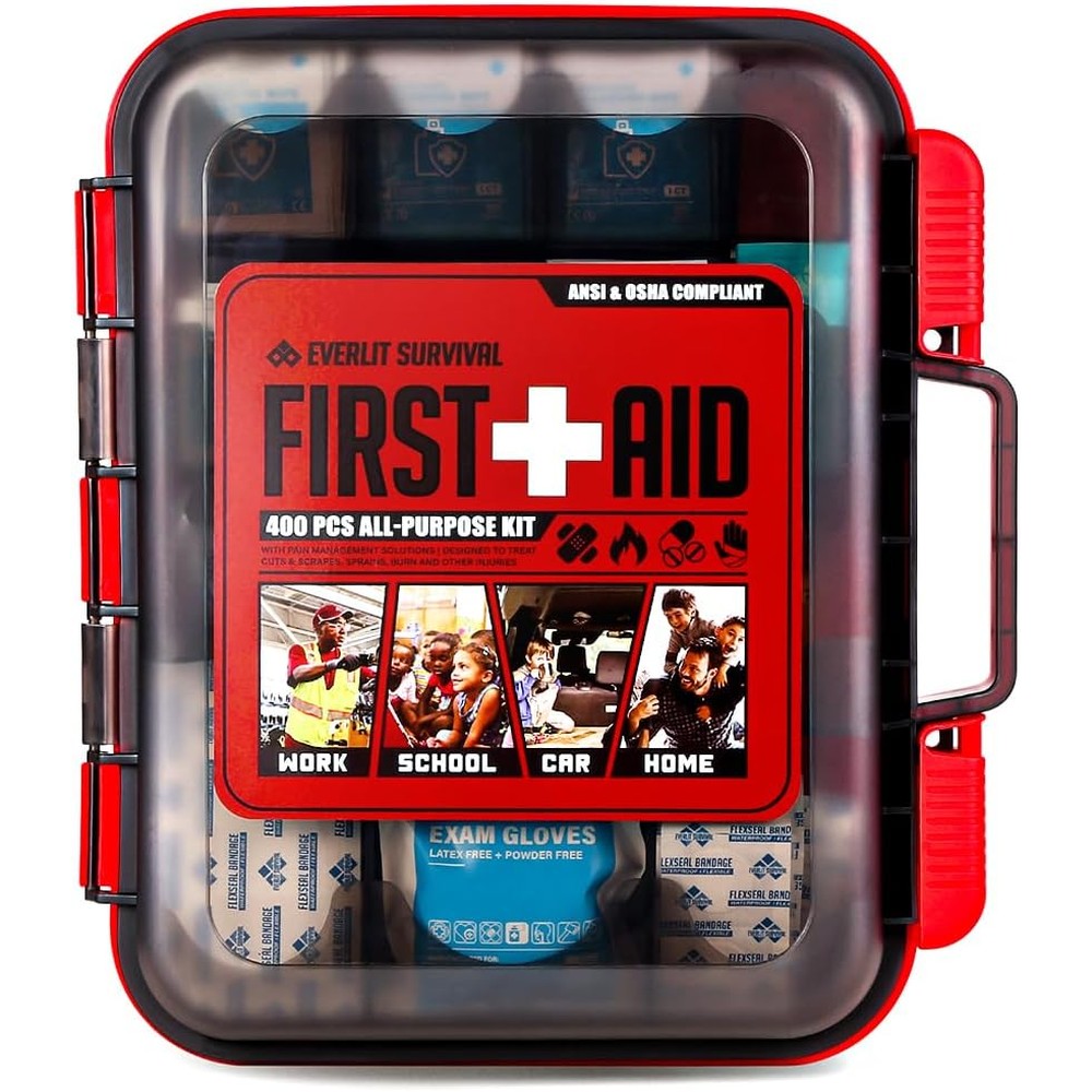 Everlit 400 Piece First Aid Kit front view of professional red medical case
