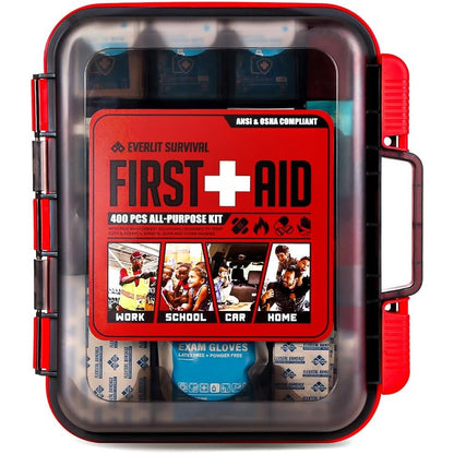 Everlit 400 Piece First Aid Kit front view of professional red medical case