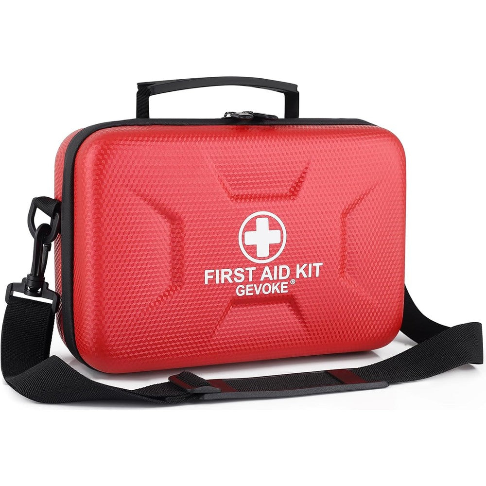 Gevoke 410 Piece First Aid Kit front view red waterproof hard shell