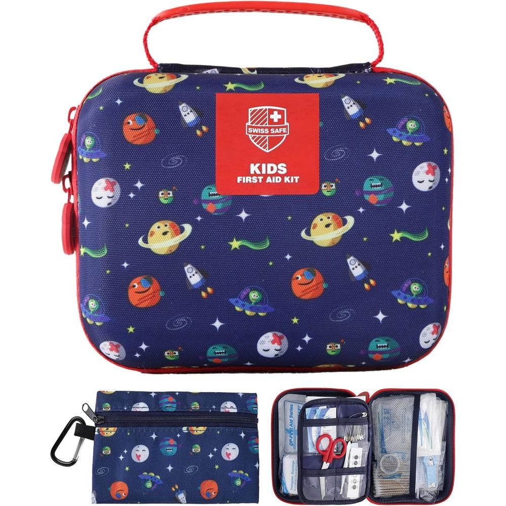 Swiss Safe Baby First Aid Kit front view of navy blue space themed case.