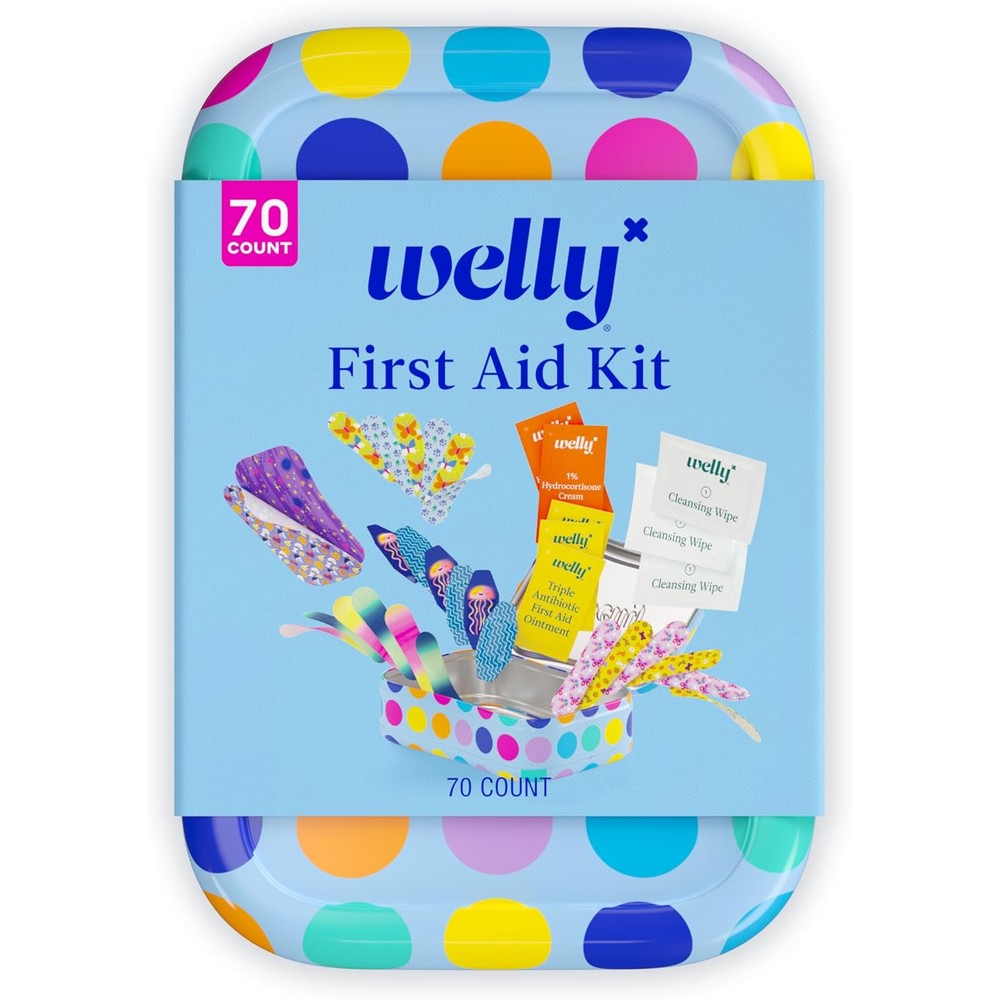 Welly First Aid Kit front view of polka dot tin for kids and adults.