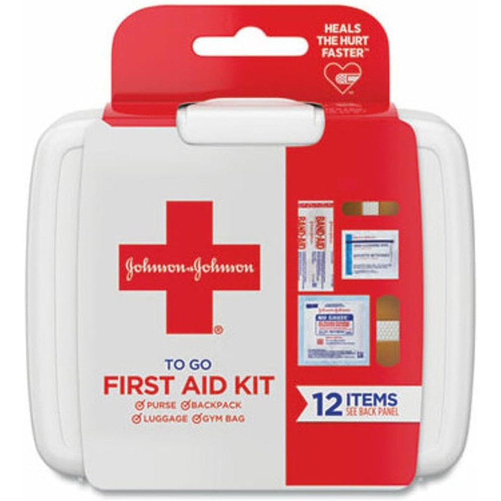Johnson & Johnson Band-Aid First Aid To Go Mini Travel Kit front view with durable plastic case.