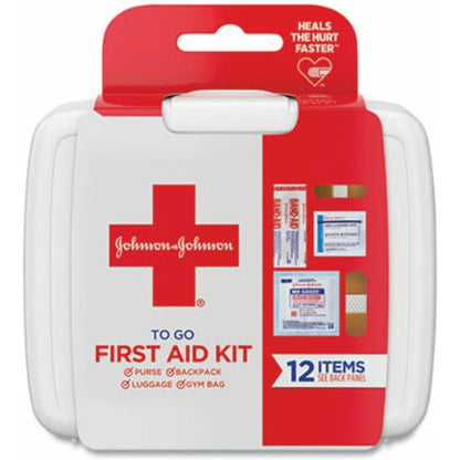 Johnson & Johnson Band-Aid First Aid To Go Mini Travel Kit front view with durable plastic case.