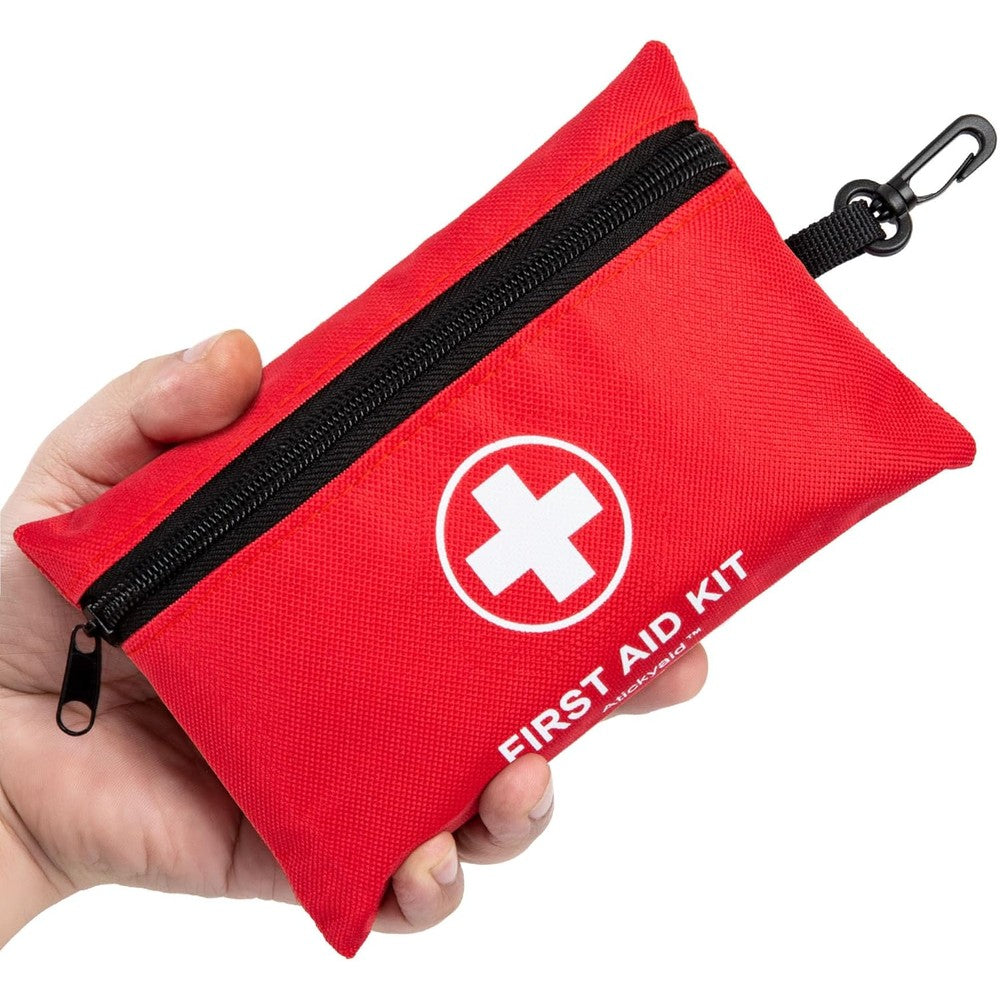 Atickyaid Mini First Aid Kit front view of red waterproof emergency pouch.
